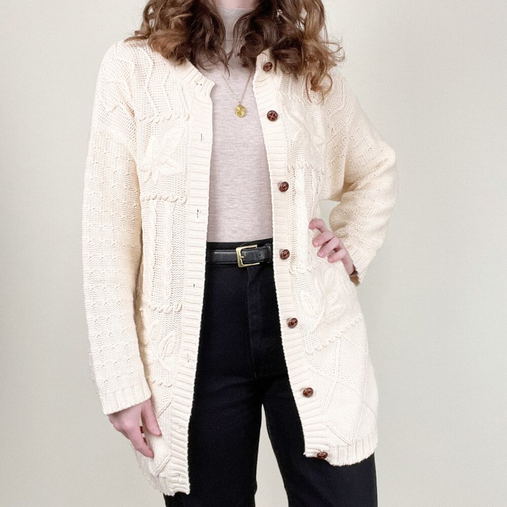 Vintage Cable Knit Embroidered Cardigan Sweater Duster Long Rustic Preppy Boho - Picture 5 of 5